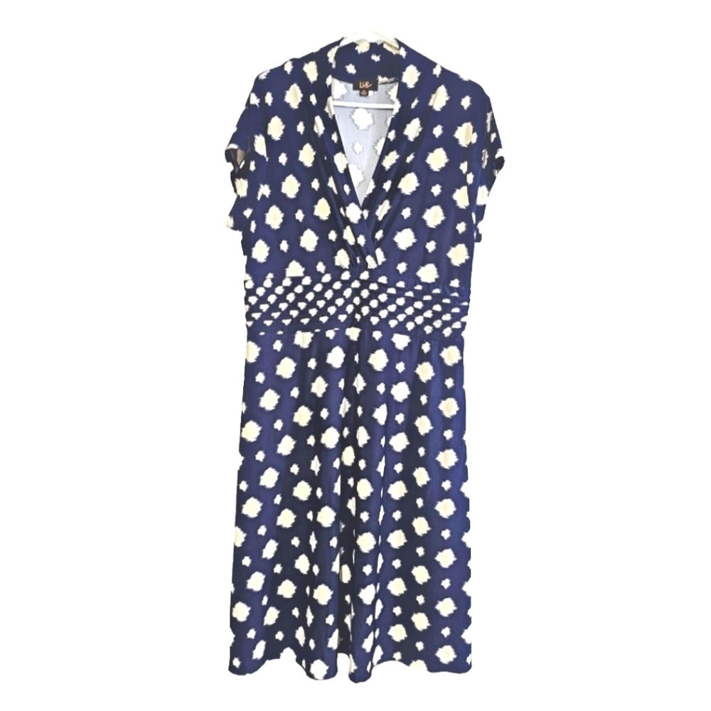 ILE NEW YORK NAVY BLUE BEIGE GEOMETRIC DESIGN PLUS SZ 16 CASUAL PARTY WORK DRESS